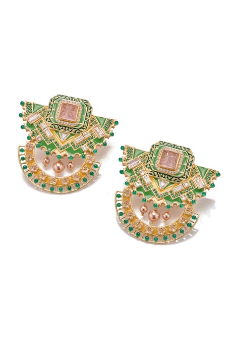 Shop Aulerth X JJ Valaya Green Crystals Rumeli Majestic Earrings at Aza Fashions Shop_Aulerth X JJ Valaya_Green Crystals Rumeli Majestic Earrings _at_Aza_Fashions