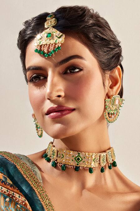 Aulerth X JJ Valaya Green Crystals Rumeli Majestic Earrings Online at Aza Fashions Aulerth X JJ Valaya_Green Crystals Rumeli Majestic Earrings _Online_at_Aza_Fashions