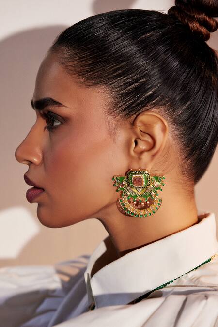 Buy Aulerth X JJ Valaya Green Crystals Rumeli Majestic Earrings Online at Aza Fashions Buy_Aulerth X JJ Valaya_Green Crystals Rumeli Majestic Earrings _Online_at_Aza_Fashions