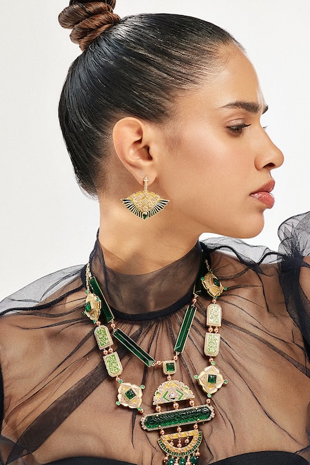 Buy Aulerth X JJ Valaya Green Stones Rumeli Embellished Earrings Online at Aza Fashions Buy_Aulerth X JJ Valaya_Green Stones Rumeli Embellished Earrings _Online_at_Aza_Fashions