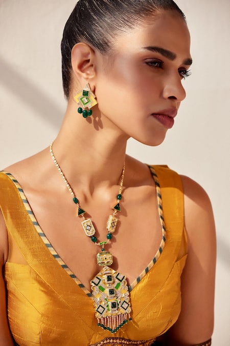 Aulerth X JJ Valaya Green Crystals, Stones Rumeli Angular Earrings Online at Aza Fashions Aulerth X JJ Valaya_Green Crystals, Stones Rumeli Angular Earrings _Online_at_Aza_Fashions