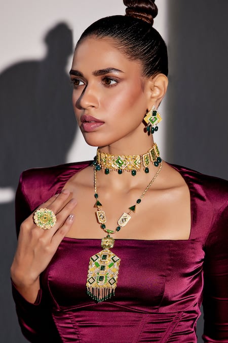 Buy Aulerth X JJ Valaya Green Crystals, Stones Rumeli Angular Earrings Online at Aza Fashions Buy_Aulerth X JJ Valaya_Green Crystals, Stones Rumeli Angular Earrings _Online_at_Aza_Fashions