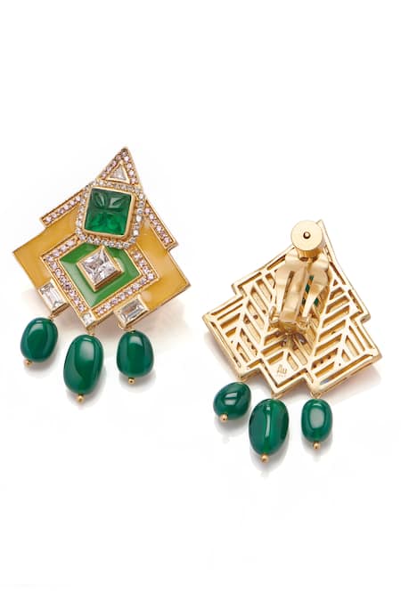 Shop Aulerth X JJ Valaya Green Crystals, Stones Rumeli Angular Earrings Online at Aza Fashions Shop_Aulerth X JJ Valaya_Green Crystals, Stones Rumeli Angular Earrings _Online_at_Aza_Fashions