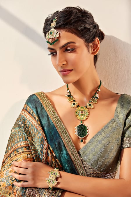 Aulerth X JJ Valaya Green Crystals, Diamonds Rumeli Embellished Cuff Online at Aza Fashions Aulerth X JJ Valaya_Green Crystals, Diamonds Rumeli Embellished Cuff _Online_at_Aza_Fashions