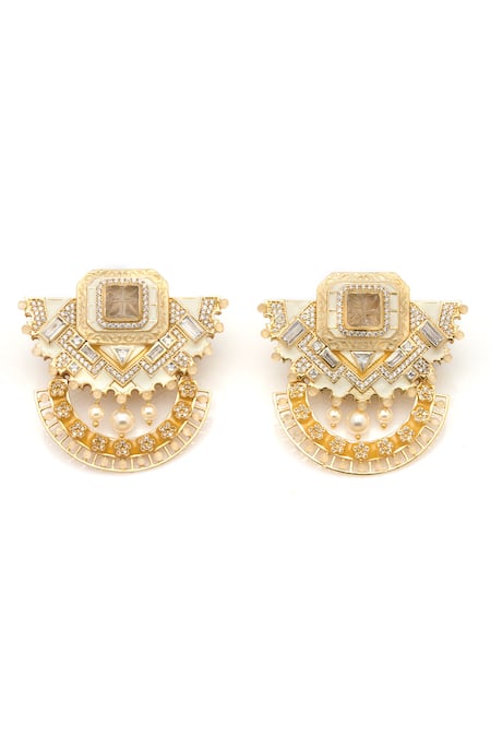Shop Aulerth X JJ Valaya White Crystals, Stones Amelia Majestic Earrings at Aza Fashions Shop_Aulerth X JJ Valaya_White Crystals, Stones Amelia Majestic Earrings _at_Aza_Fashions