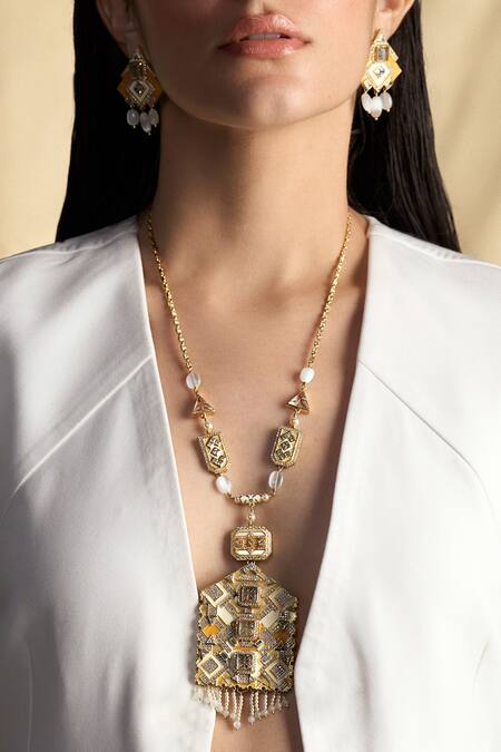 Aulerth X JJ Valaya White Crystals, Diamonds Amelia Angular Earrings Online at Aza Fashions Aulerth X JJ Valaya_White Crystals, Diamonds Amelia Angular Earrings _Online_at_Aza_Fashions