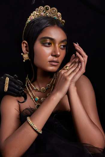 Aulerth X JJ Valaya_Multi Color Crystals, Stones Embellished Statement Bangle - Single Pc_Online_at_Aza_Fashions