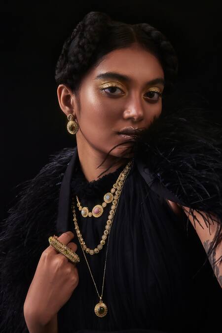 Aulerth X JJ Valaya_Green Sleek Geometric Stone Embellished Necklace _Online_at_Aza_Fashions