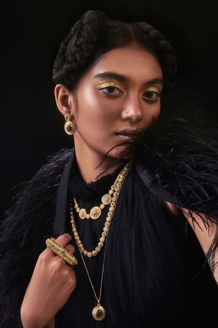 Aulerth X JJ Valaya_Green Beads Circular Pattern Stone Embellished Earrings _Online_at_Aza_Fashions