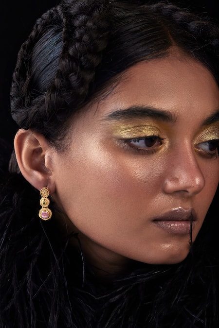 Aulerth X JJ Valaya Pink Engineered Stones Embellished Drop Earrings 