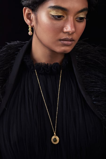 Aulerth X JJ Valaya_Pink Crystals Stone Embellished Drop Earrings _Online_at_Aza_Fashions