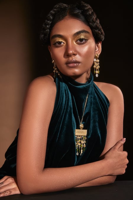 Aulerth X JJ Valaya_Multi Color Crystals Stone Embellished Strand Dangler Earrings _Online_at_Aza_Fashions