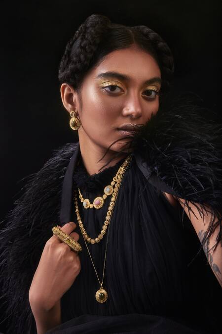 Aulerth X JJ Valaya Gold Plated Carved Geometric Stone Embellished Necklace Online at Aza Fashions Aulerth X JJ Valaya_Gold Plated Carved Geometric Stone Embellished Necklace _Online_at_Aza_Fashions