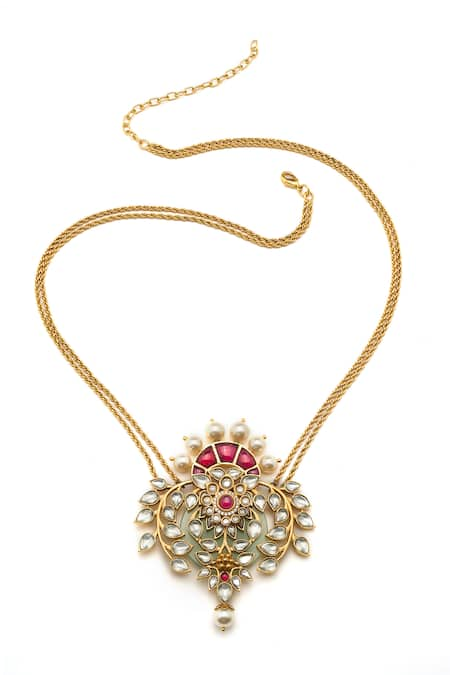 Aulerth X Tribe Amrapali Red Engineered Stones Gulmohar Miniature Statement Embellished Pendant Necklace 