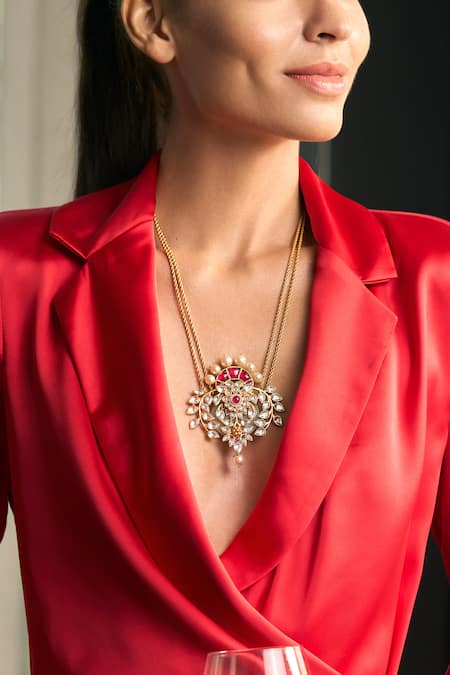 Aulerth X Tribe Amrapali Gulmohar Miniature Statement Stone Embellished Pendant Necklace 