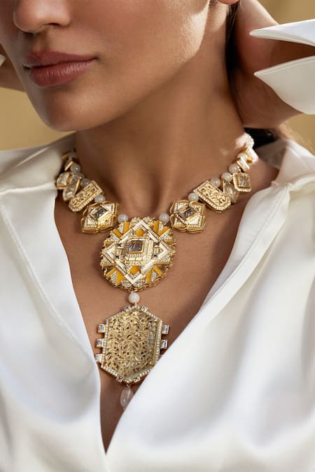 Shop Aulerth X JJ Valaya White Amelia Embellished Necklace at Aza Fashions Shop_Aulerth X JJ Valaya_White Amelia Embellished Necklace _at_Aza_Fashions