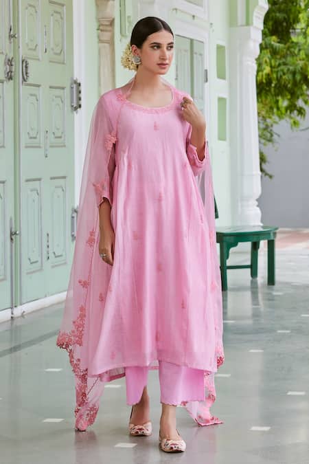 Charu Makkar Pink Cotton Chanderi Embroidered Floral Straight Suit Palazzo Set 
