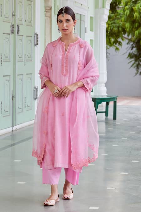 Charu Makkar Pink Cotton Chanderi Embroidered Floral Notched Suit Palazzo Set 