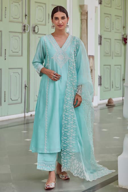 Charu Makkar Blue Chanderi Silk Embroidered Floral V Neck Suit Palazzo Set