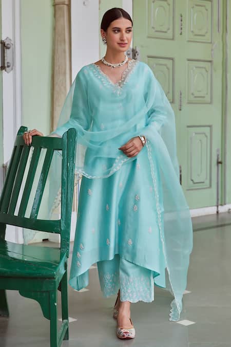 Charu Makkar Blue Chanderi Silk Embroidered Floral V Neck Asymmetric Suit Palazzo Set
