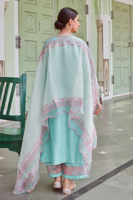 Buy Charu Makkar Blue Chanderi Silk Embroidery Round Neck Thread Suit Pant Set Online at Aza Fashions Buy_Charu Makkar_Blue Chanderi Silk Embroidery Round Neck Thread Suit Pant Set _Online_at_Aza_Fashions