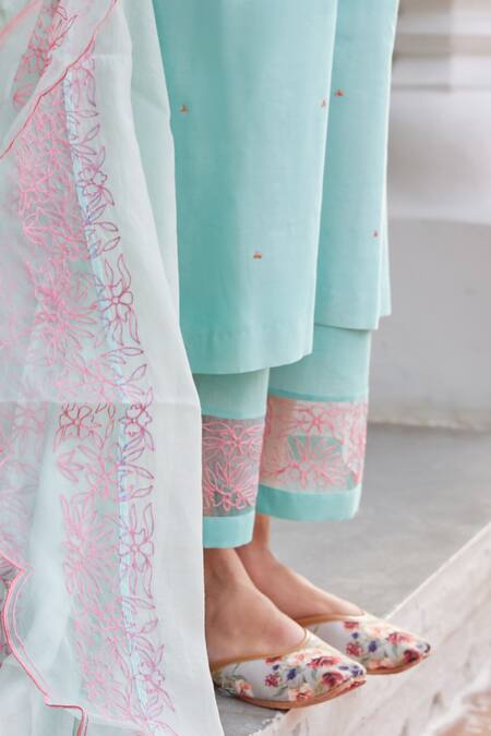 Shop Charu Makkar Blue Chanderi Silk Embroidery Round Neck Thread Suit Pant Set Online at Aza Fashions Shop_Charu Makkar_Blue Chanderi Silk Embroidery Round Neck Thread Suit Pant Set _Online_at_Aza_Fashions