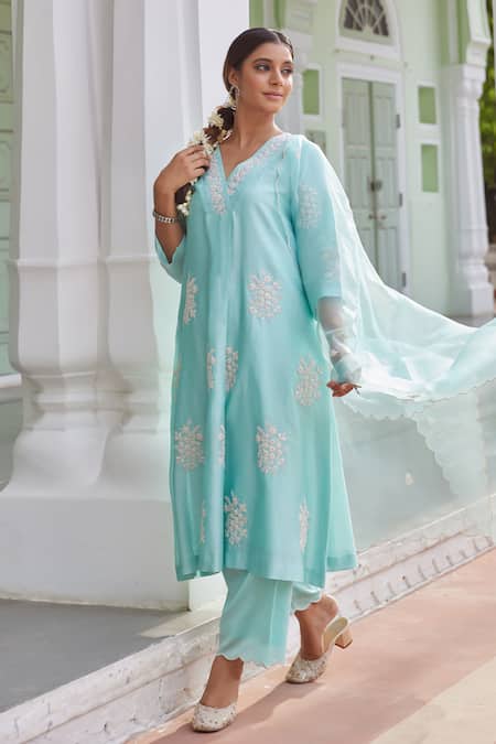 Buy Charu Makkar Blue Chanderi Silk Embroidery V-neck Floral Kurta Palazzo Set Online at Aza Fashions Buy_Charu Makkar_Blue Chanderi Silk Embroidery V-neck Floral Kurta Palazzo Set _Online_at_Aza_Fashions