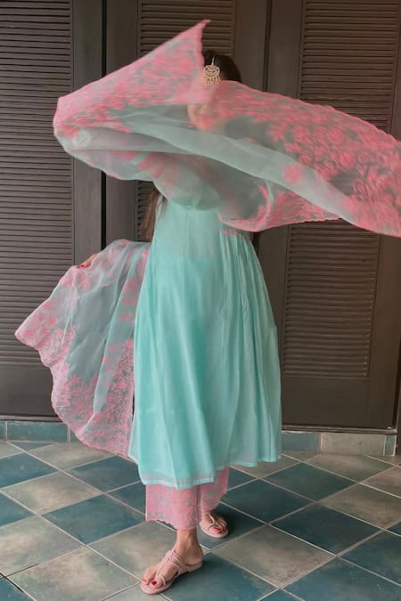 Buy Charu Makkar Blue Cotton, Chanderi Embroidery V-neck Suit Pant Set Online at Aza Fashions Buy_Charu Makkar_Blue Cotton, Chanderi Embroidery V-neck Suit Pant Set _Online_at_Aza_Fashions