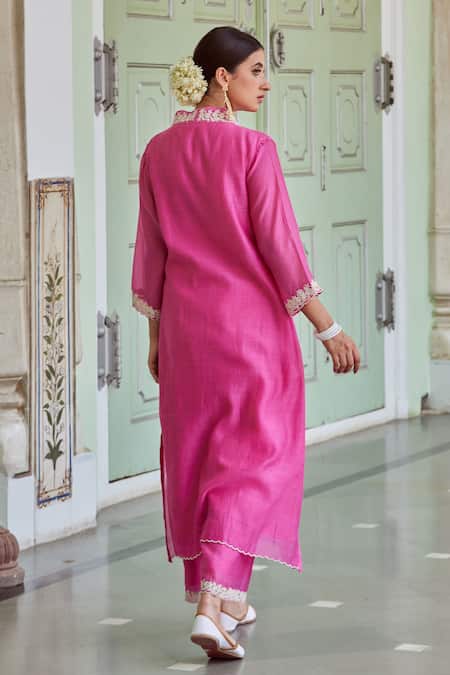Shop_Charu Makkar_Fuchsia Cotton, Chanderi Embroidery V-neck Floral Kurta And Palazzo Set _at_Aza_Fashions