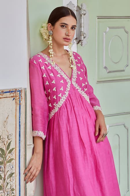 Buy Charu Makkar Fuchsia Cotton, Chanderi Embroidery V-neck Floral Kurta And Palazzo Set Online at Aza Fashions Buy_Charu Makkar_Fuchsia Cotton, Chanderi Embroidery V-neck Floral Kurta And Palazzo Set _Online_at_Aza_Fashions