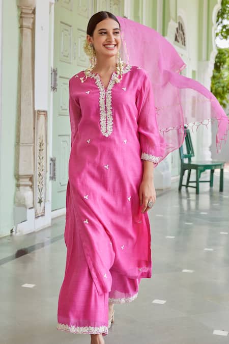 Shop_Charu Makkar_Fuchsia , , Floral Kurta And Palazzo Set _Online_at_Aza_Fashions