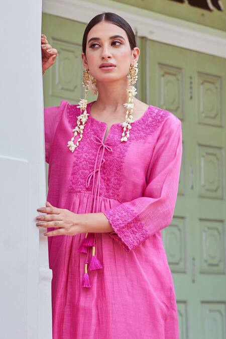 Shop_Charu Makkar_Fuchsia Cotton, Chanderi Embroidery Split V-neck Floral Kurta And Palazzo Set _Online_at_Aza_Fashions