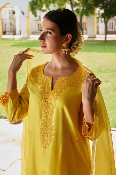 Shop_Charu Makkar_Yellow Silk, Embroidery Floral Straight Kurta Palazzo Set _Online_at_Aza_Fashions