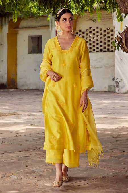 Buy Charu Makkar Yellow Silk, Embroidery, Straight Floral Kurta Palazzo Set Online at Aza Fashions Buy_Charu Makkar_Yellow Silk, Embroidery, Straight Floral Kurta Palazzo Set _Online_at_Aza_Fashions