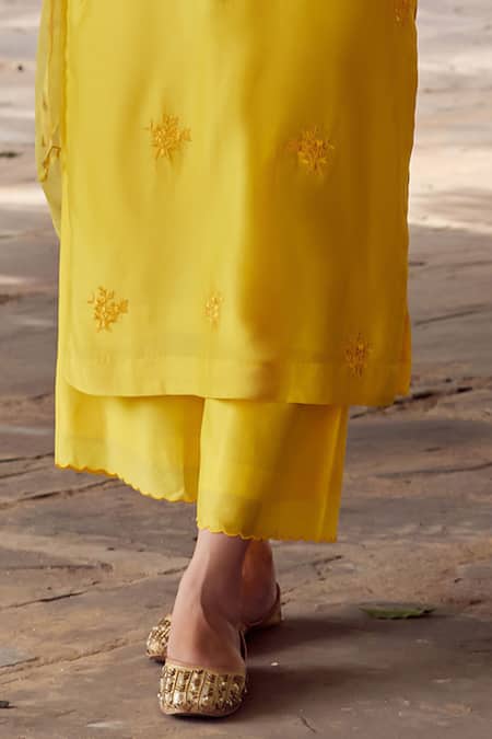 Shop Charu Makkar Yellow Silk, Embroidery, Straight Floral Kurta Palazzo Set Online at Aza Fashions Shop_Charu Makkar_Yellow Silk, Embroidery, Straight Floral Kurta Palazzo Set _Online_at_Aza_Fashions