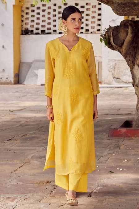 Buy_Charu Makkar_Yellow , , Straight Floral Kurta And Palazzo Set _Online_at_Aza_Fashions