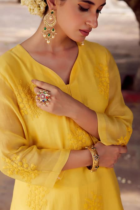 Shop_Charu Makkar_Yellow , , Straight Floral Kurta And Palazzo Set _Online_at_Aza_Fashions