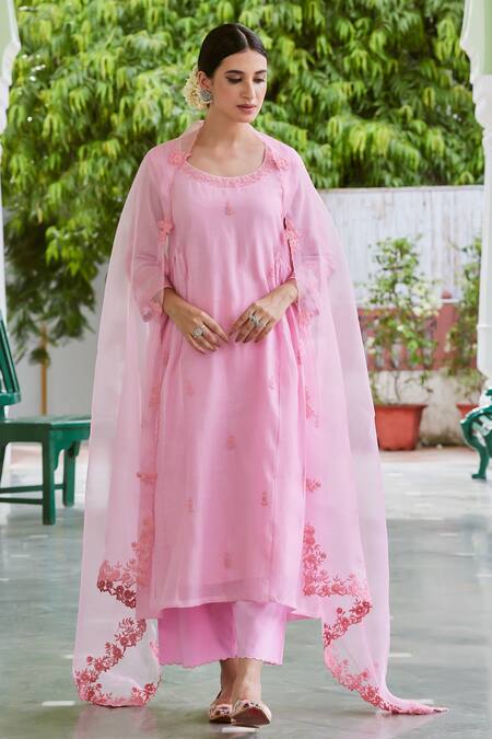 Shop Charu Makkar Pink , , Embroidery Floral Kurta And Palazzo Set Online at Aza Fashions Shop_Charu Makkar_Pink , , Embroidery Floral Kurta And Palazzo Set _Online_at_Aza_Fashions