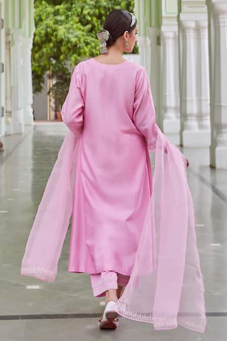 Shop_Charu Makkar_Pink Chanderi Silk Embroidery Square Neck Floral Dori Kurta And Palazzo Set _at_Aza_Fashions