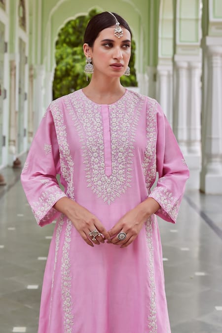 Shop_Charu Makkar_Pink Chanderi Silk Embroidery Round Neck Floral Dori Kurta And Palazzo Set _Online_at_Aza_Fashions