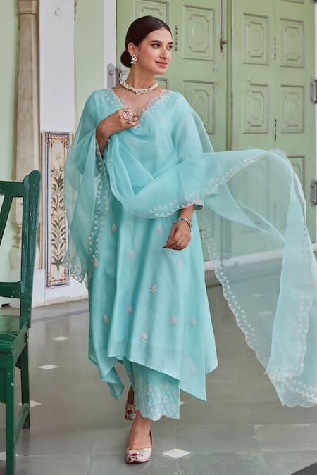Charu Makkar Blue Chanderi Silk Embroidery V-neck Floral Asymmetric Kurta And Palazzo Set Online at Aza Fashions Charu Makkar_Blue Chanderi Silk Embroidery V-neck Floral Asymmetric Kurta And Palazzo Set _Online_at_Aza_Fashions