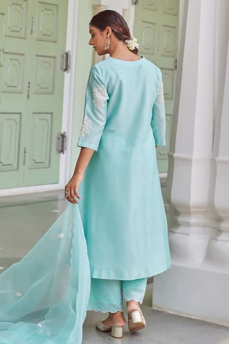 Shop Charu Makkar Blue Chanderi Silk Embroidery V-neck Floral Kurta And Palazzo Set at Aza Fashions Shop_Charu Makkar_Blue Chanderi Silk Embroidery V-neck Floral Kurta And Palazzo Set _at_Aza_Fashions