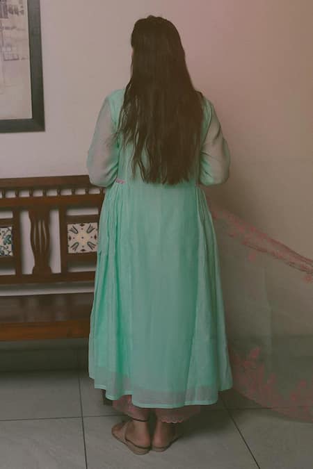 Shop Charu Makkar Blue , , Embroidery Side Gathered Kurta And Pant Set at Aza Fashions Shop_Charu Makkar_Blue , , Embroidery Side Gathered Kurta And Pant Set _at_Aza_Fashions