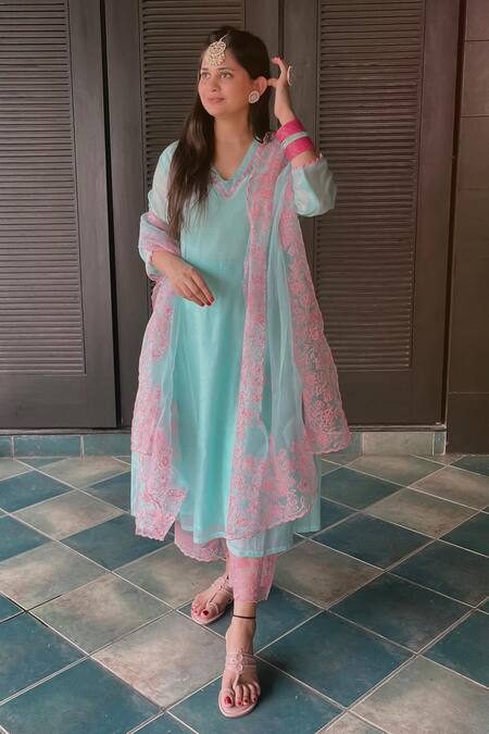 Charu Makkar Blue , , Embroidery Side Gathered Kurta And Pant Set Online at Aza Fashions Charu Makkar_Blue , , Embroidery Side Gathered Kurta And Pant Set _Online_at_Aza_Fashions