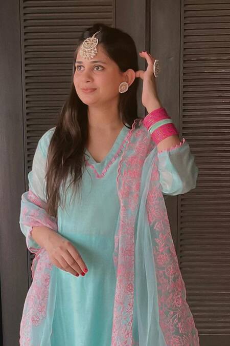 Buy Charu Makkar Blue , , Embroidery Side Gathered Kurta And Pant Set Online at Aza Fashions Buy_Charu Makkar_Blue , , Embroidery Side Gathered Kurta And Pant Set _Online_at_Aza_Fashions