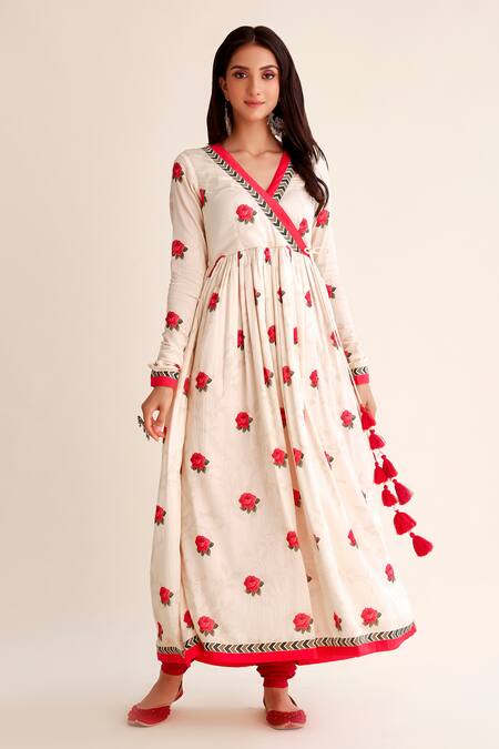 Roze Red Chanderi Embroidery, Tassels Jashn Rosette Print Angarkha Anarkali Set Online at Aza Fashions Roze_Red Chanderi Embroidery, Tassels Jashn Rosette Print Angarkha Anarkali Set _Online_at_Aza_Fashions