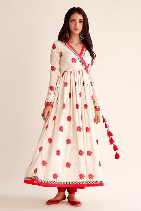 Buy Roze Red Chanderi Embroidery, Tassels Jashn Rosette Print Angarkha Anarkali Set Online at Aza Fashions Buy_Roze_Red Chanderi Embroidery, Tassels Jashn Rosette Print Angarkha Anarkali Set _Online_at_Aza_Fashions