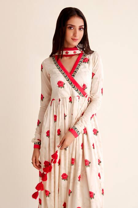 Roze Red Chanderi Embroidery, Tassels Jashn Rosette Print Angarkha Anarkali Set at Aza Fashions Roze_Red Chanderi Embroidery, Tassels Jashn Rosette Print Angarkha Anarkali Set _at_Aza_Fashions
