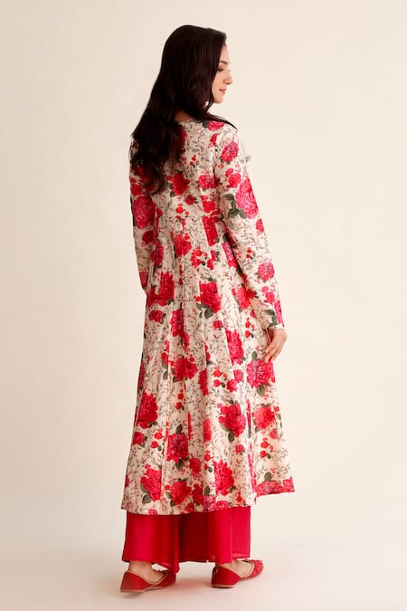 Shop Roze Red Chanderi, Organza Embroidery Round Khwaab Blossom Print Anarkali Pant Set at Aza Fashions Shop_Roze_Red Chanderi, Organza Embroidery Round Khwaab Blossom Print Anarkali Pant Set_at_Aza_Fashions