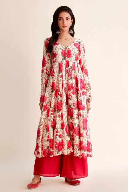 Roze Red Chanderi, Organza Embroidery Round Khwaab Blossom Print Anarkali Pant Set Online at Aza Fashions Roze_Red Chanderi, Organza Embroidery Round Khwaab Blossom Print Anarkali Pant Set_Online_at_Aza_Fashions